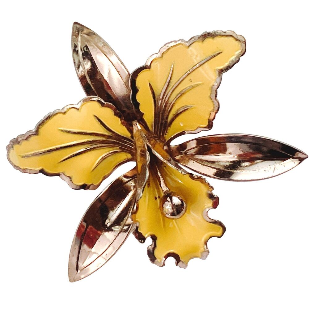 VTG 1950s Brooch Yellow Enamel Orchid Flower Gold Tone Mid Century Pin